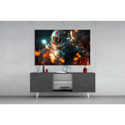 Vibrant astronauts in fiery explosions wall art canvas print
