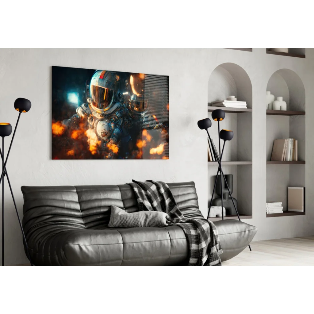Striking astronaut in fiery spacesuit on canvas wall art print