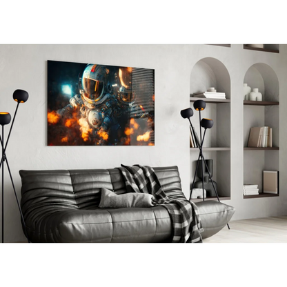Striking astronaut in fiery spacesuit on canvas wall art print