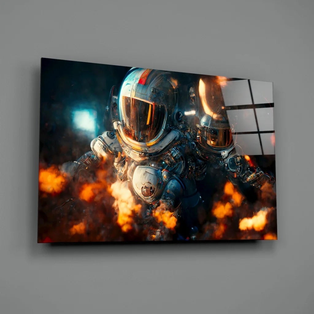 Sleek silver astronaut helmet on fiery glass wall art print