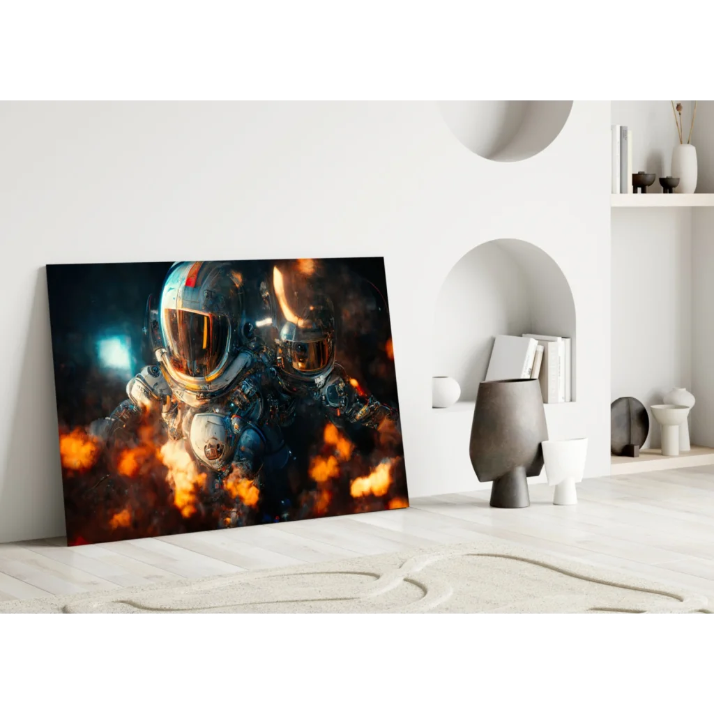 Vibrant astronaut in fiery flames canvas wall art print