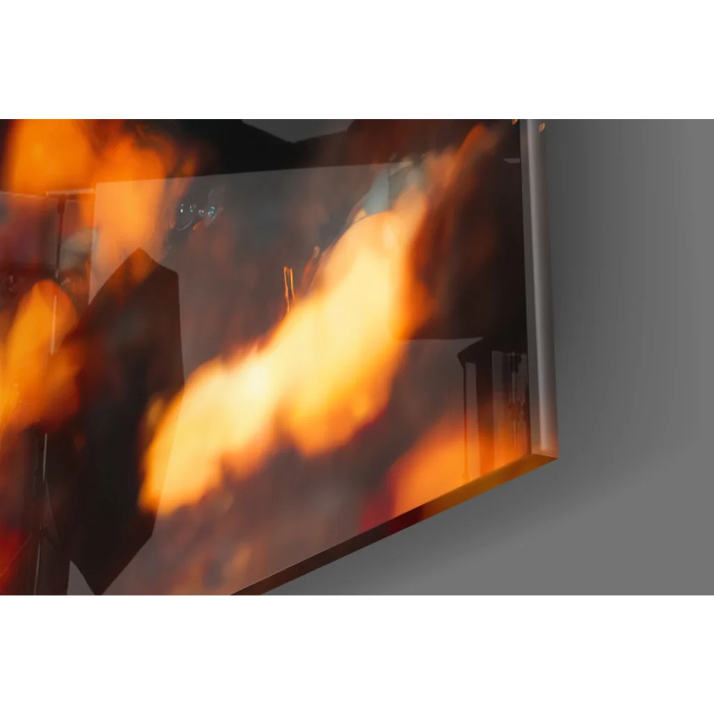 Vivid orange flames in astronaut helmet on sleek framed wall art print