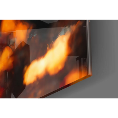 Vivid orange flames in astronaut helmet on sleek framed wall art print