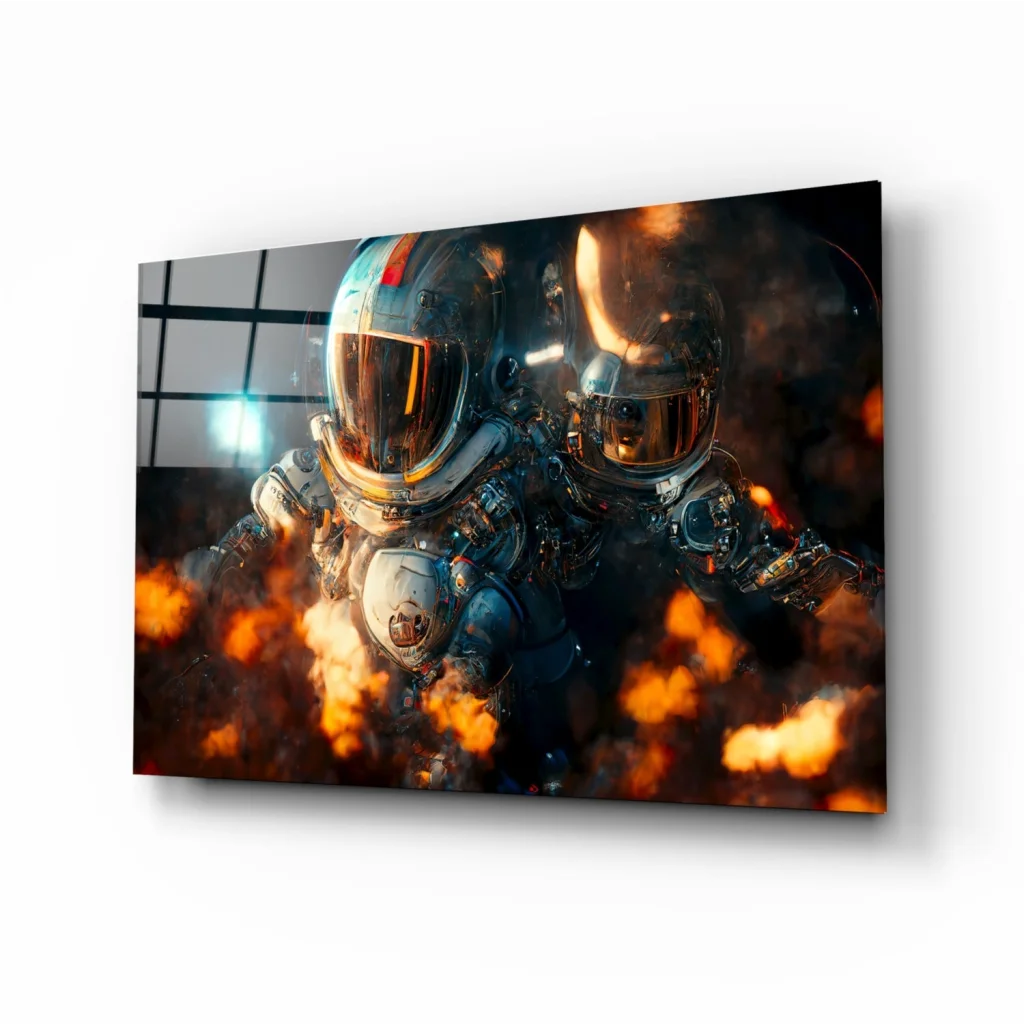 Two astronauts in fiery suits on orange-black canvas wall art print