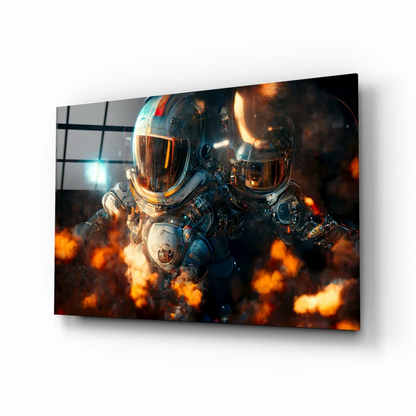 Two astronauts in fiery suits on orange-black canvas wall art print