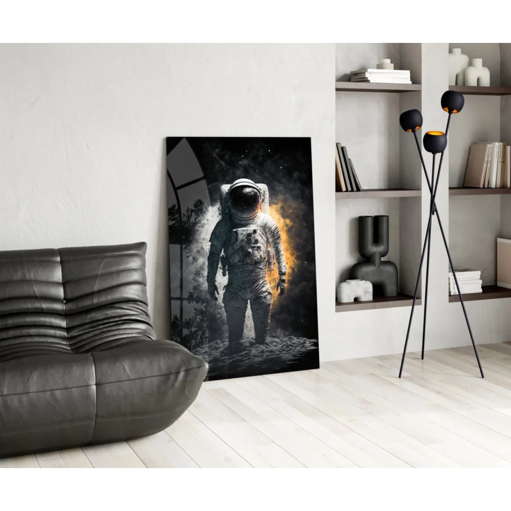 Black and orange astronaut wall art canvas print of fiery space explorer