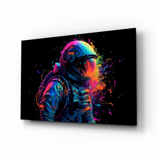 Vibrant neon astronaut glass wall art with rainbow splash on black background