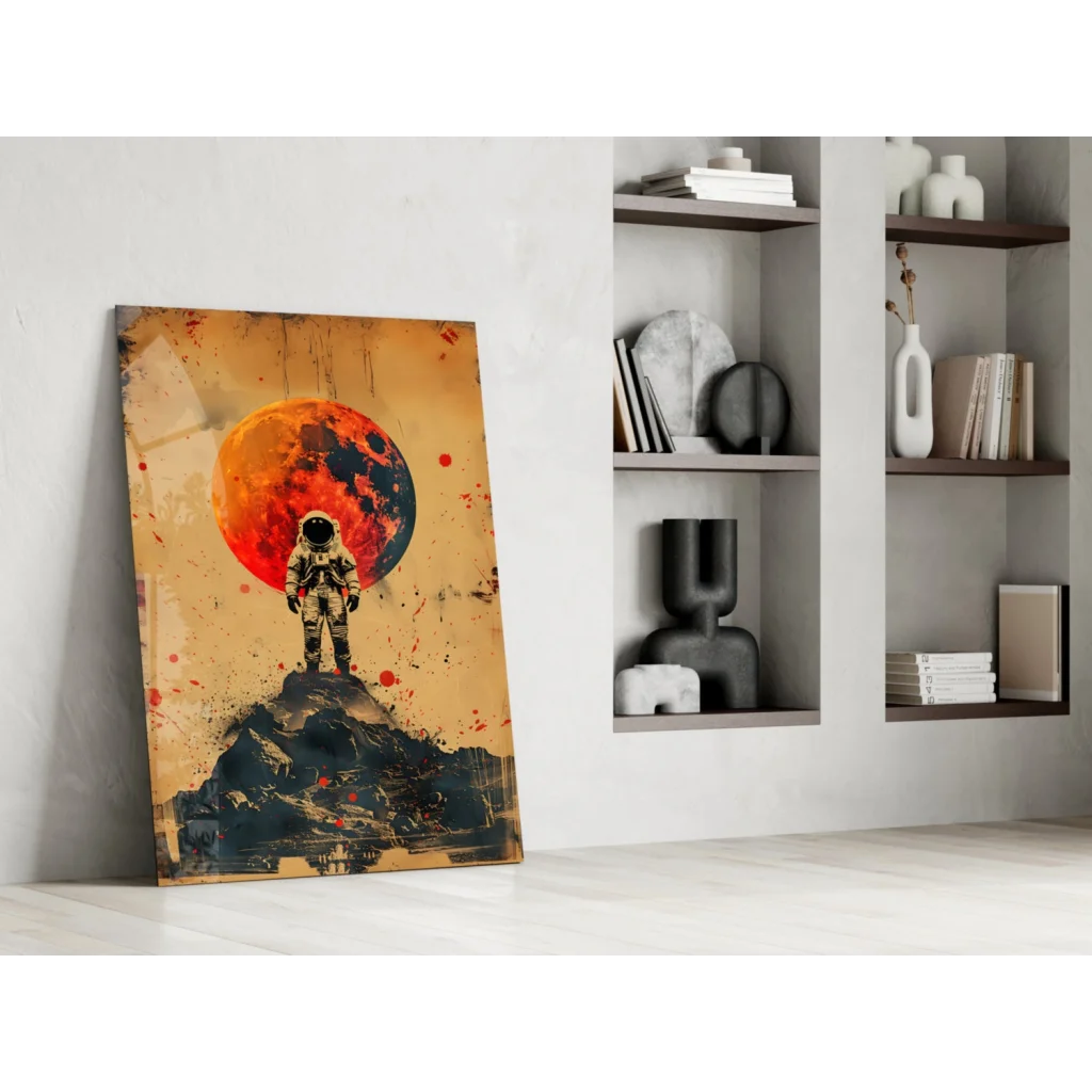 Astronaut on rocky terrain with orange red celestial body wall art print