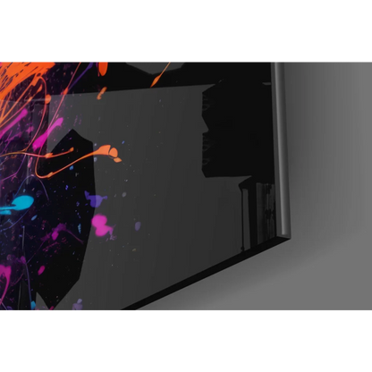 Vibrant neon astronaut glass wall art with rainbow paint splatters