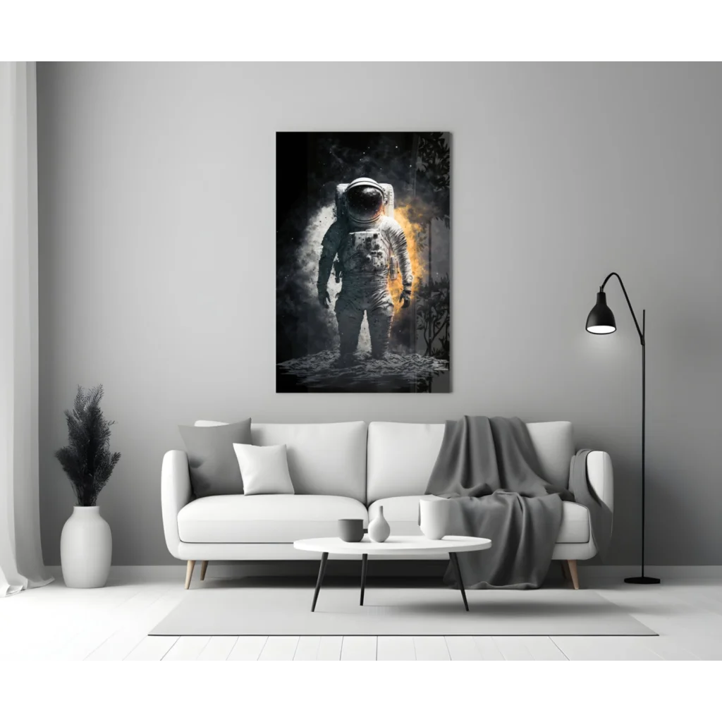 Striking black-and-orange astronaut wall art canvas print of lone explorer
