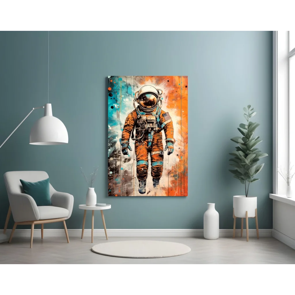 Astronaut Space Explorer Canvas Wall Art with Teal Orange Splash | Contemporary Home Wall Art | vintageantiquesgifts.com