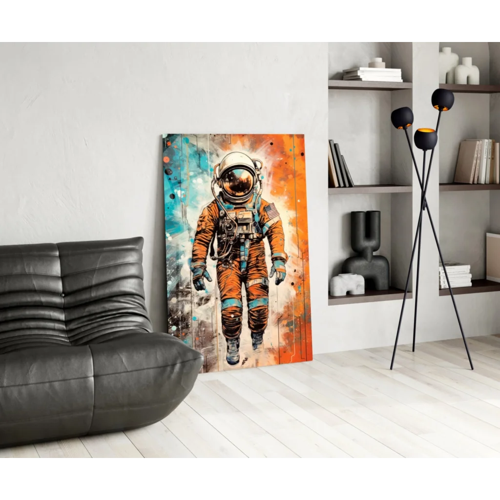 Vibrant orange teal astronaut wall art canvas print with paint splashes