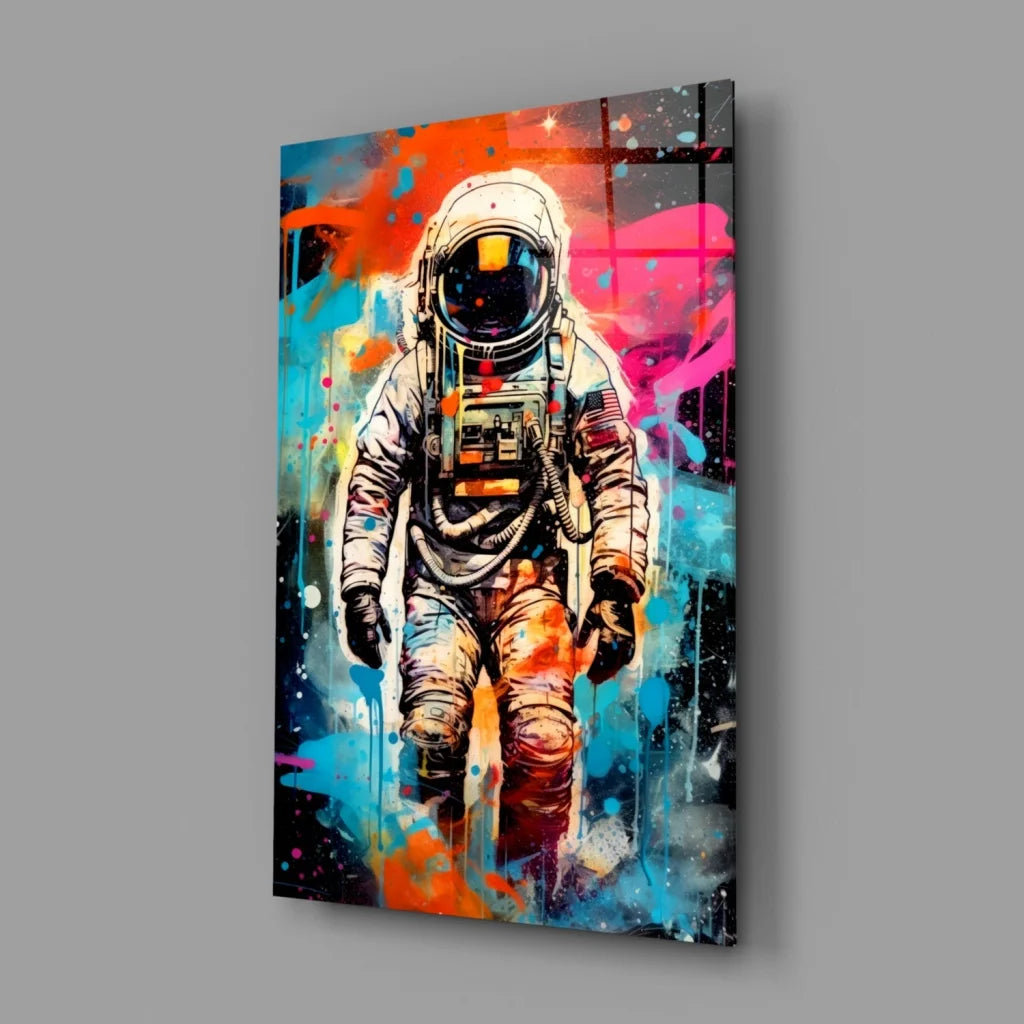 Vibrant cosmic astronaut wall art canvas with orange pink blue splashes