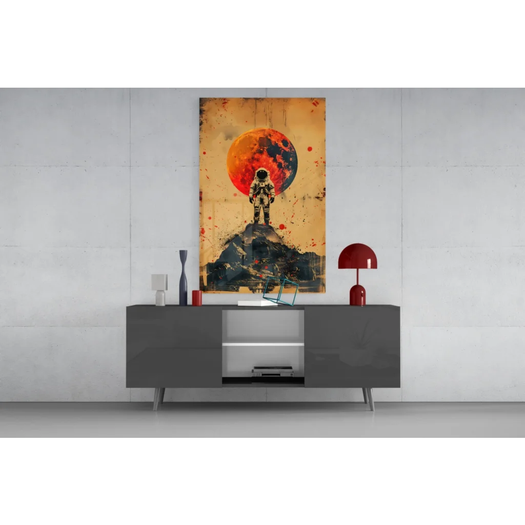 Vibrant astronaut canvas wall art print with fiery orange celestial body