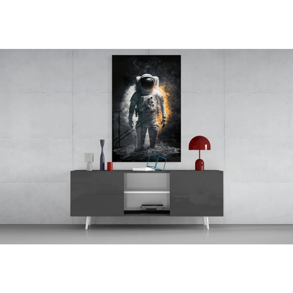 Striking black-and-orange astronaut wall art canvas print of space explorer