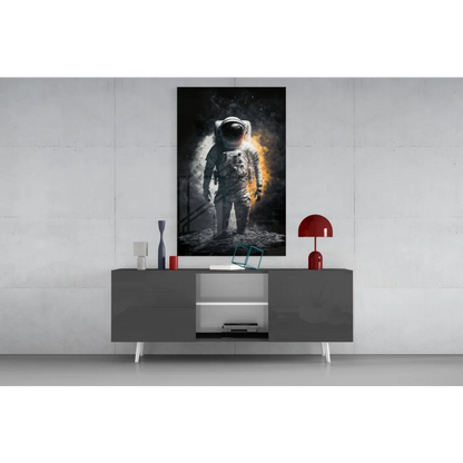 Striking black-and-orange astronaut wall art canvas print of space explorer