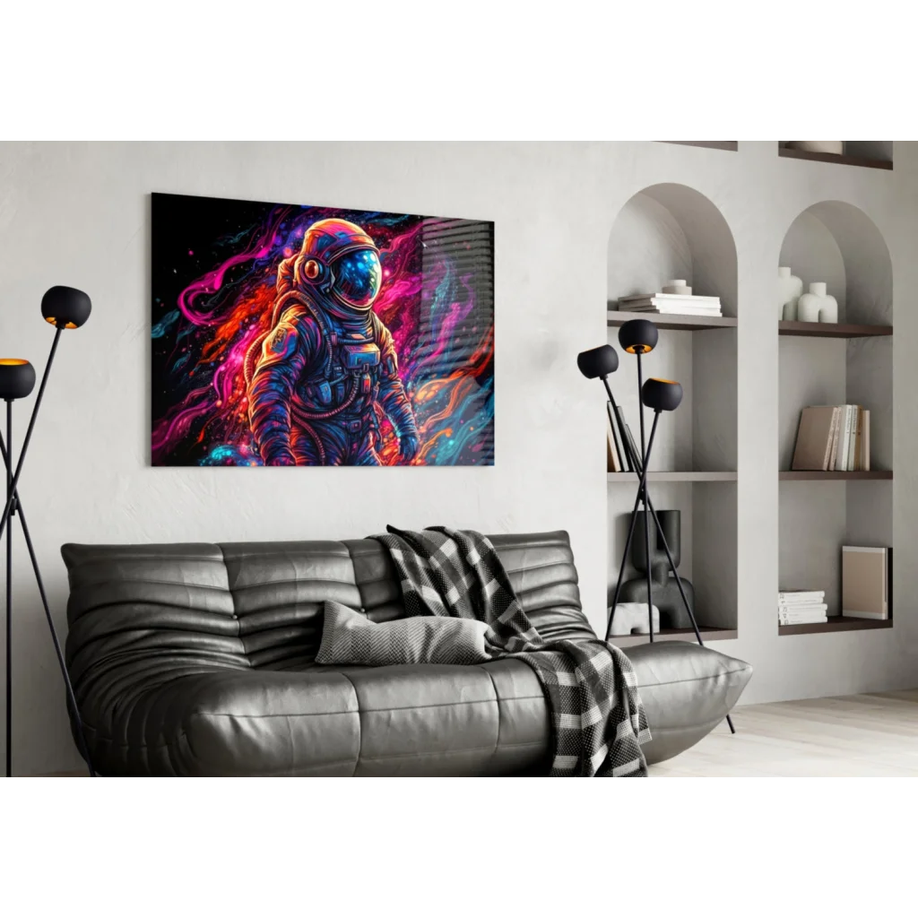 Vibrant neon astronaut in futuristic suit on cosmic canvas wall art print