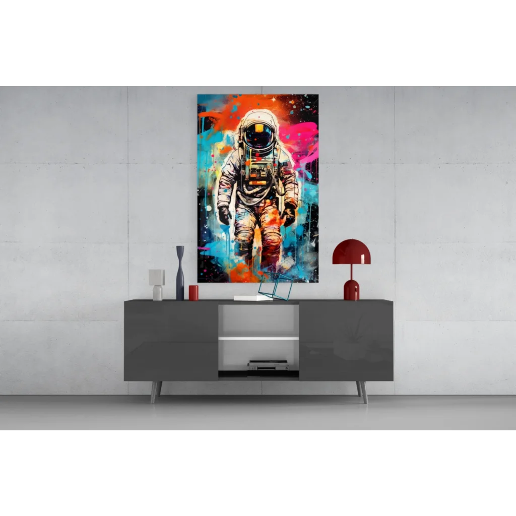 Vibrant cosmic astronaut wall art canvas with orange pink blue splashes