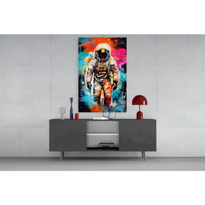 Vibrant cosmic astronaut wall art canvas with orange pink blue splashes