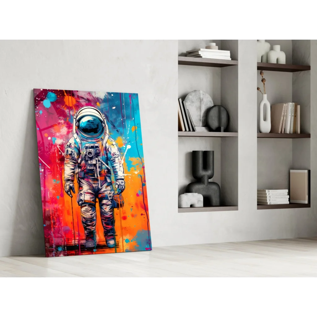 Vibrant astronaut in white spacesuit on cosmic wall art canvas with bold red orange blue splashes