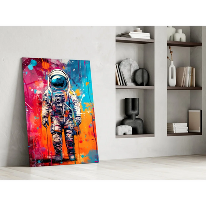 Vibrant astronaut in white spacesuit on cosmic wall art canvas with bold red orange blue splashes