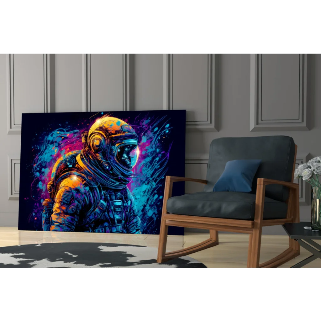 Vibrant neon astronaut wall art canvas with glowing cosmic colors