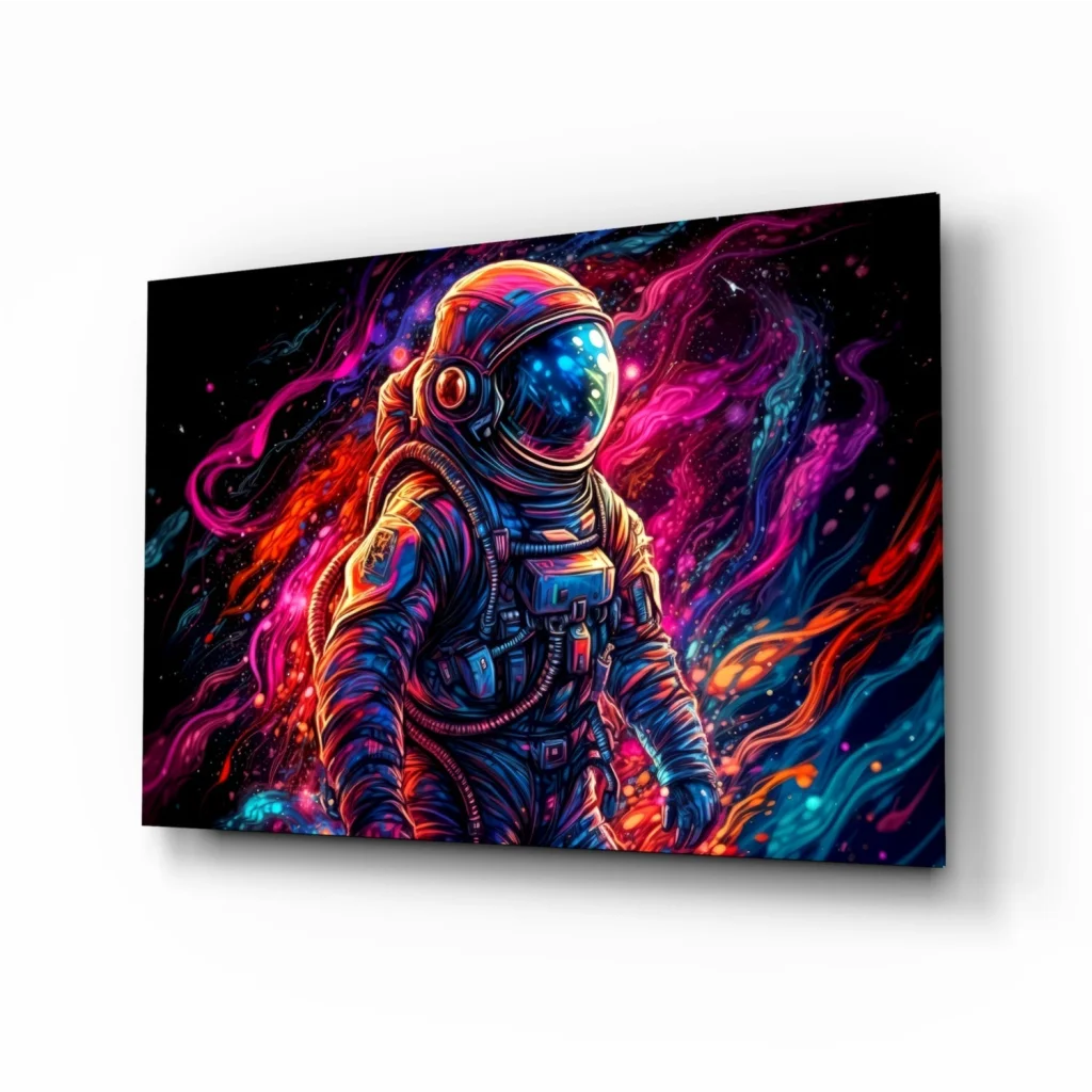 Vibrant neon astronaut wall art canvas print in pink, purple, blue hues