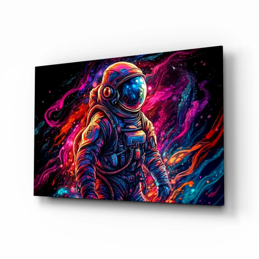 Vibrant neon astronaut wall art canvas print in pink, purple, blue hues