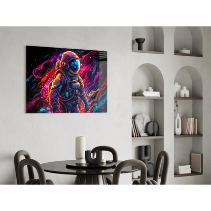 Vibrant neon astronaut wall art canvas print with cosmic swirls