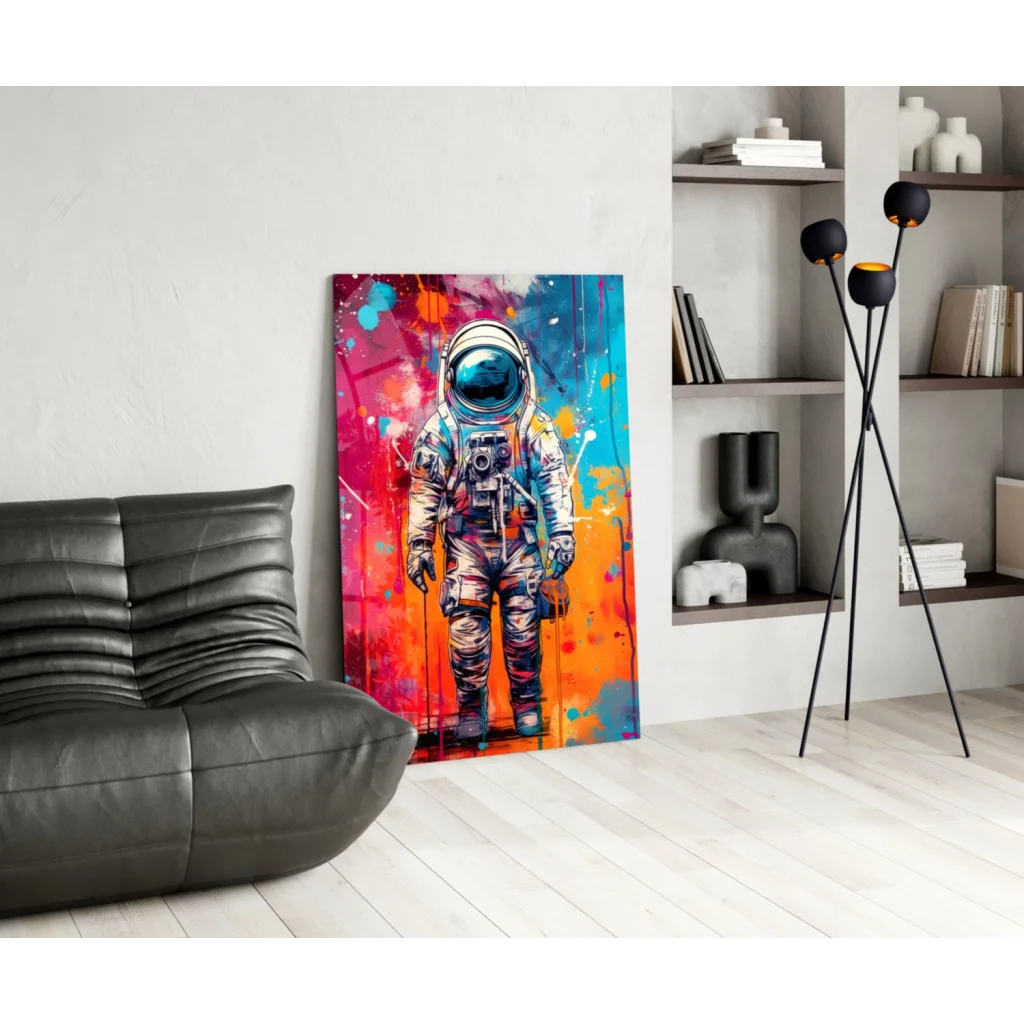 Vibrant spray-painted astronaut wall art with bold pink, orange, blue splashes