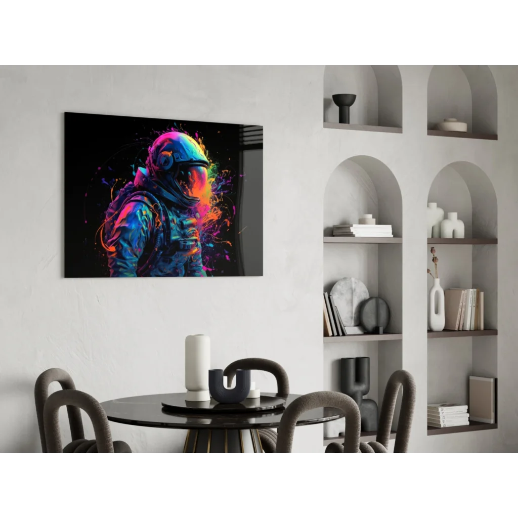 Vibrant neon astronaut glass wall art with rainbow splash on black canvas