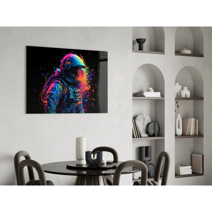 Vibrant neon astronaut glass wall art with rainbow splash on black canvas