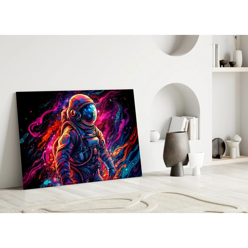 Vibrant neon astronaut canvas wall art print in cosmic pinks and blues