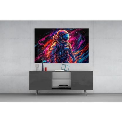 Vibrant neon astronaut wall art canvas print with cosmic swirls