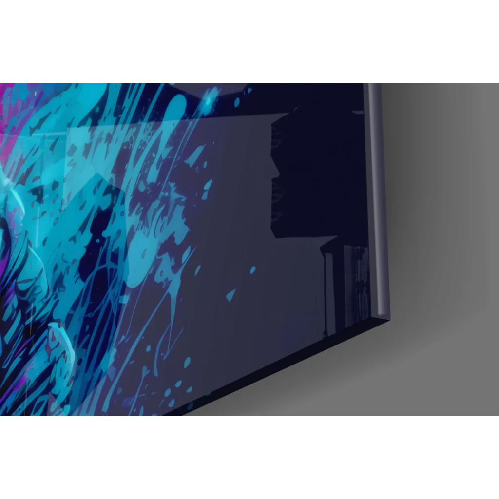 Neon Astronaut glass wall art with vibrant blue purple TV screen splash