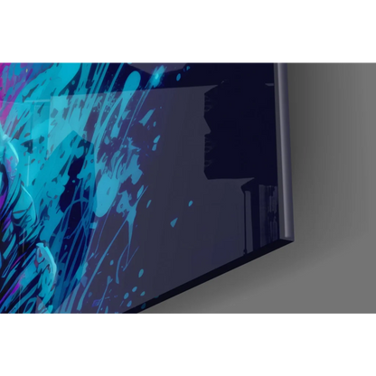 Neon Astronaut glass wall art with vibrant blue purple TV screen splash