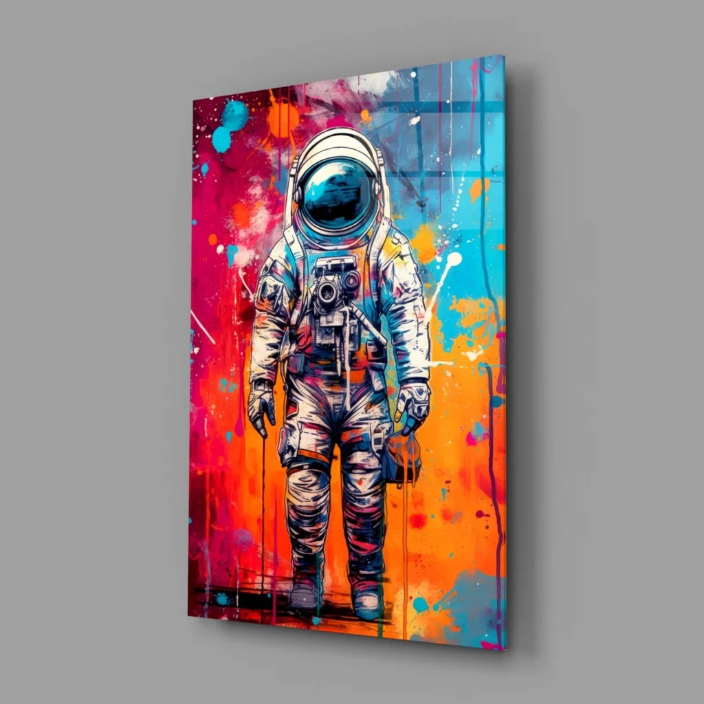 Cosmic Astronaut Canvas Wall Art with Bold Color Splashes | Glass Wall Art Print | vintageantiquesgifts.com