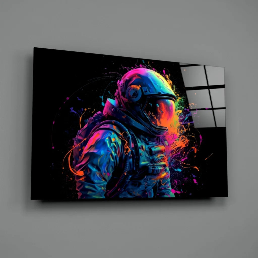 Vibrant neon astronaut glass wall art with rainbow splash print