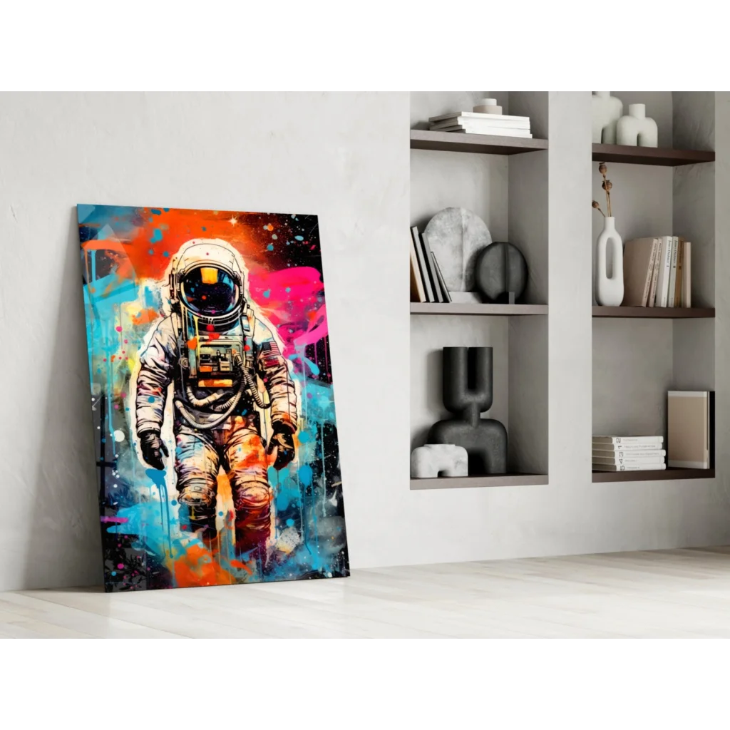 Vibrant cosmic astronaut wall art canvas with orange, pink, blue splashes