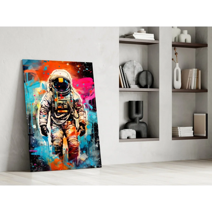 Vibrant cosmic astronaut wall art canvas with orange, pink, blue splashes