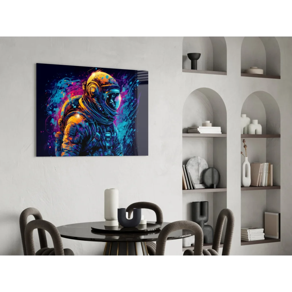 Vibrant neon astronaut in golden blue suit on cosmic wall art canvas