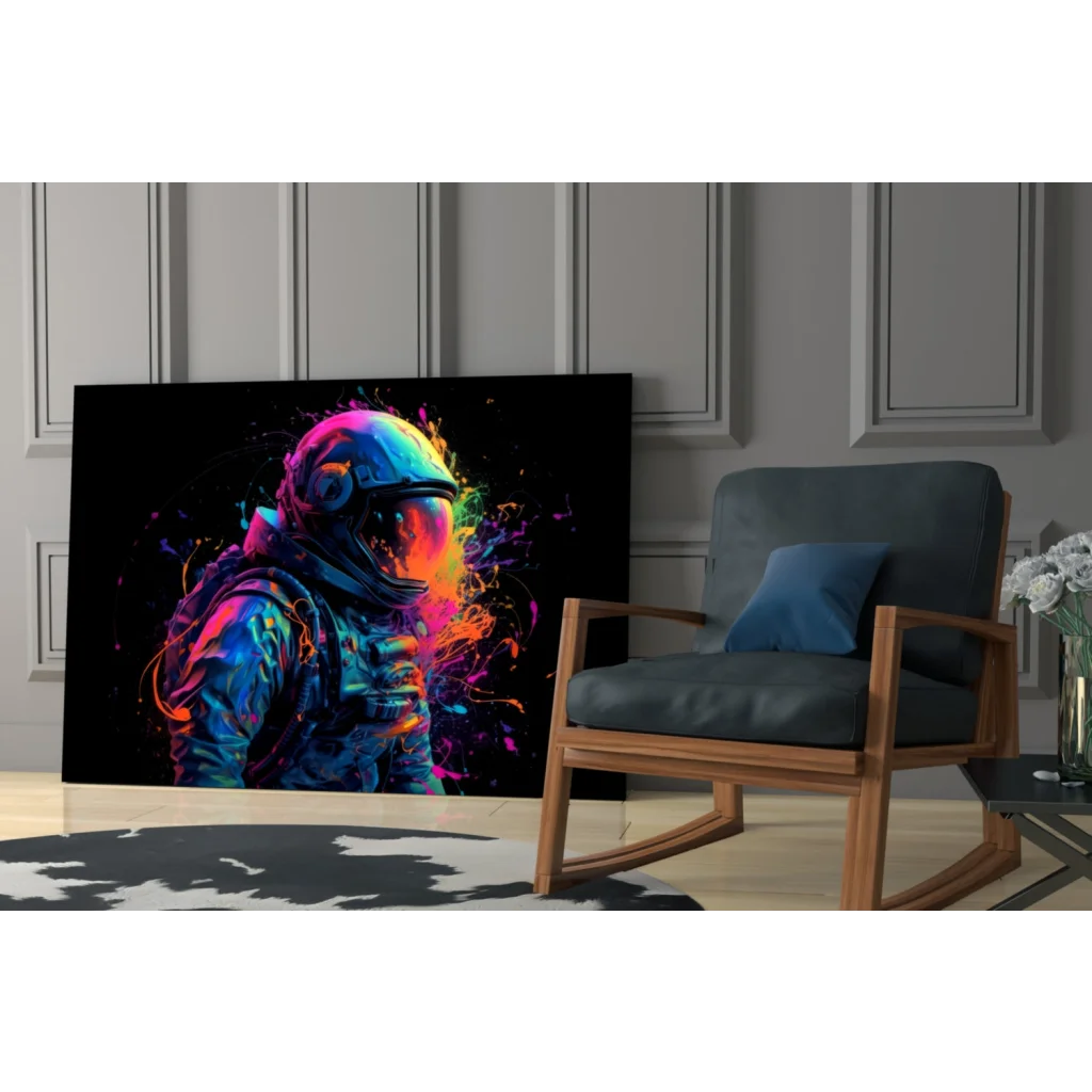 Vibrant neon astronaut glass wall art with rainbow splash