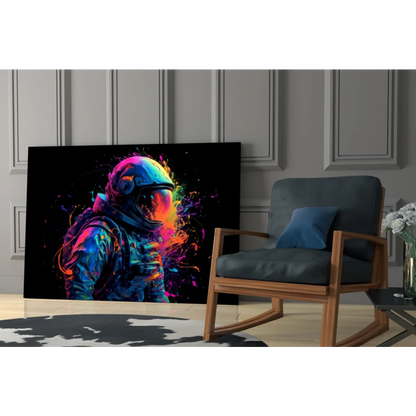 Vibrant neon astronaut glass wall art with rainbow splash