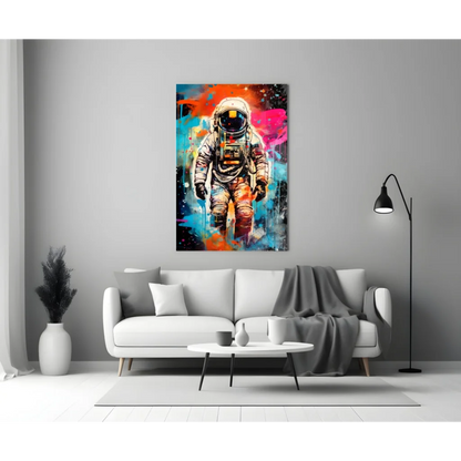 Vibrant cosmic astronaut wall art canvas with orange, pink, blue splashes