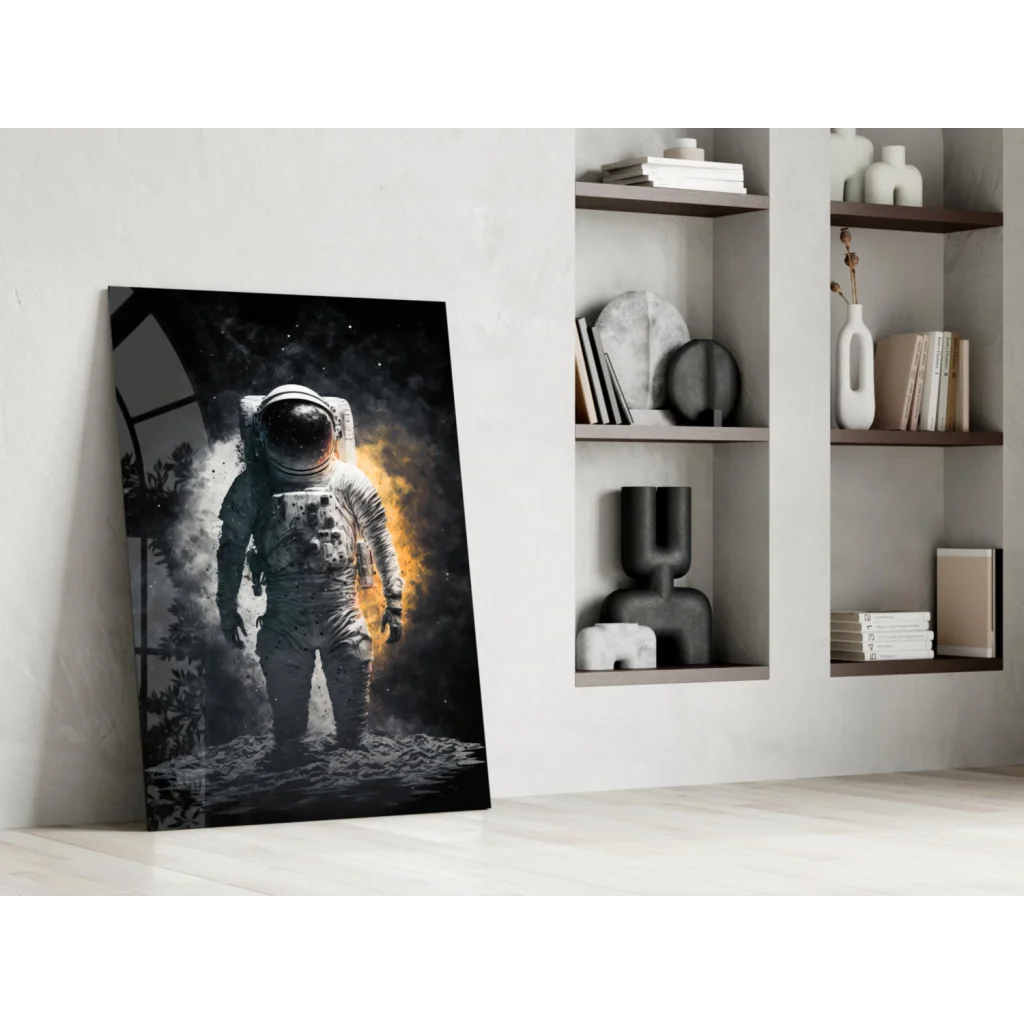 Striking black-and-white astronaut canvas wall art with gold accents