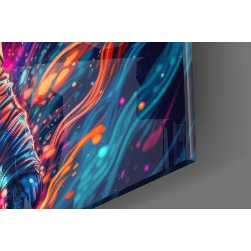 Vibrant neon astronaut glass wall art with swirling blues, oranges, purples, glowing orbs on acrylic panel