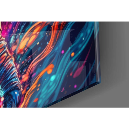 Vibrant neon astronaut glass wall art with swirling blues, oranges, purples, glowing orbs on acrylic panel