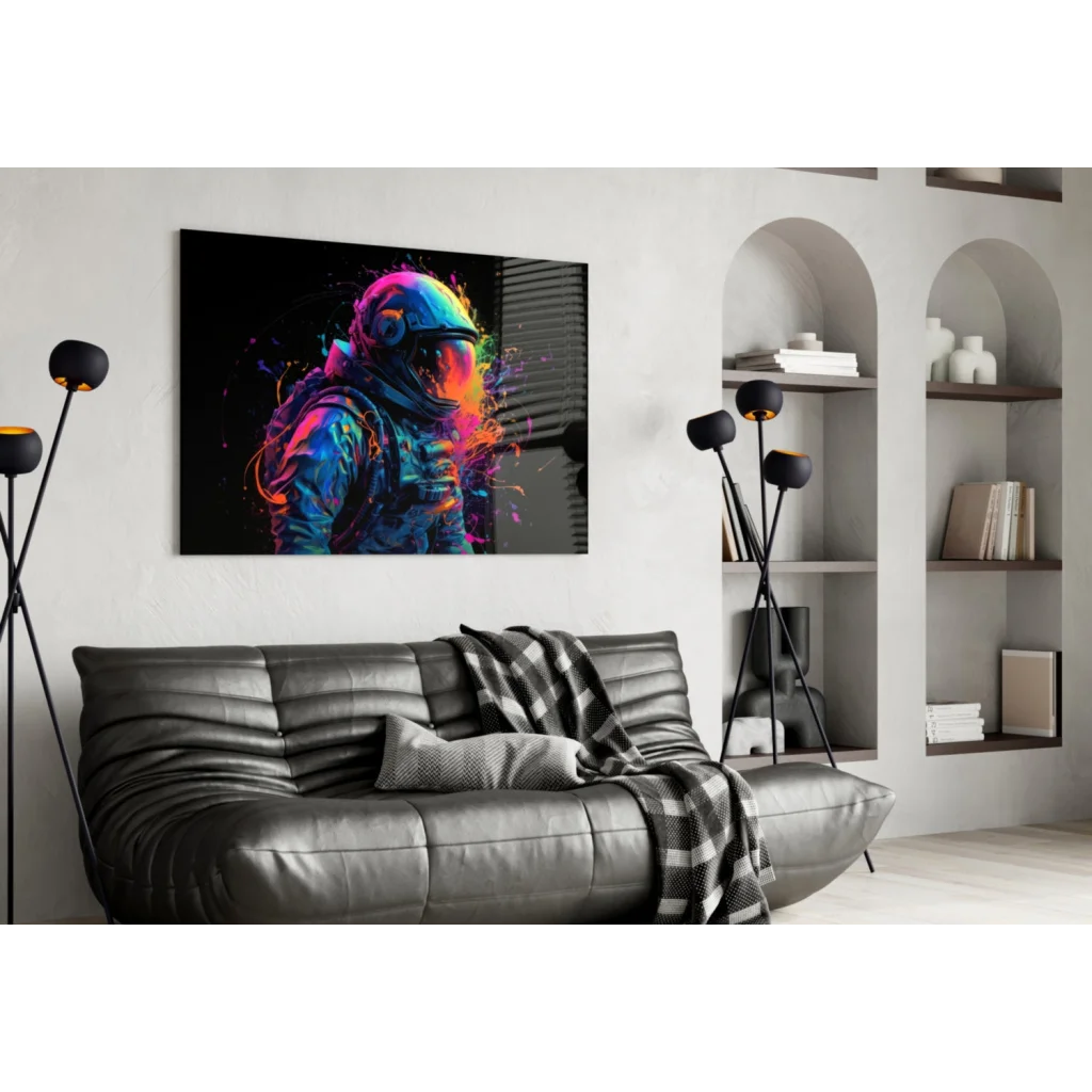 Vibrant neon astronaut glass wall art with rainbow splash on black background