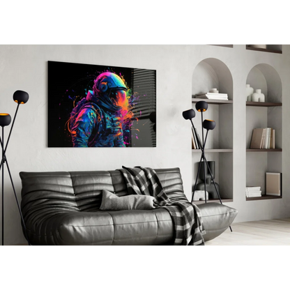 Vibrant neon astronaut glass wall art with rainbow splash on black background
