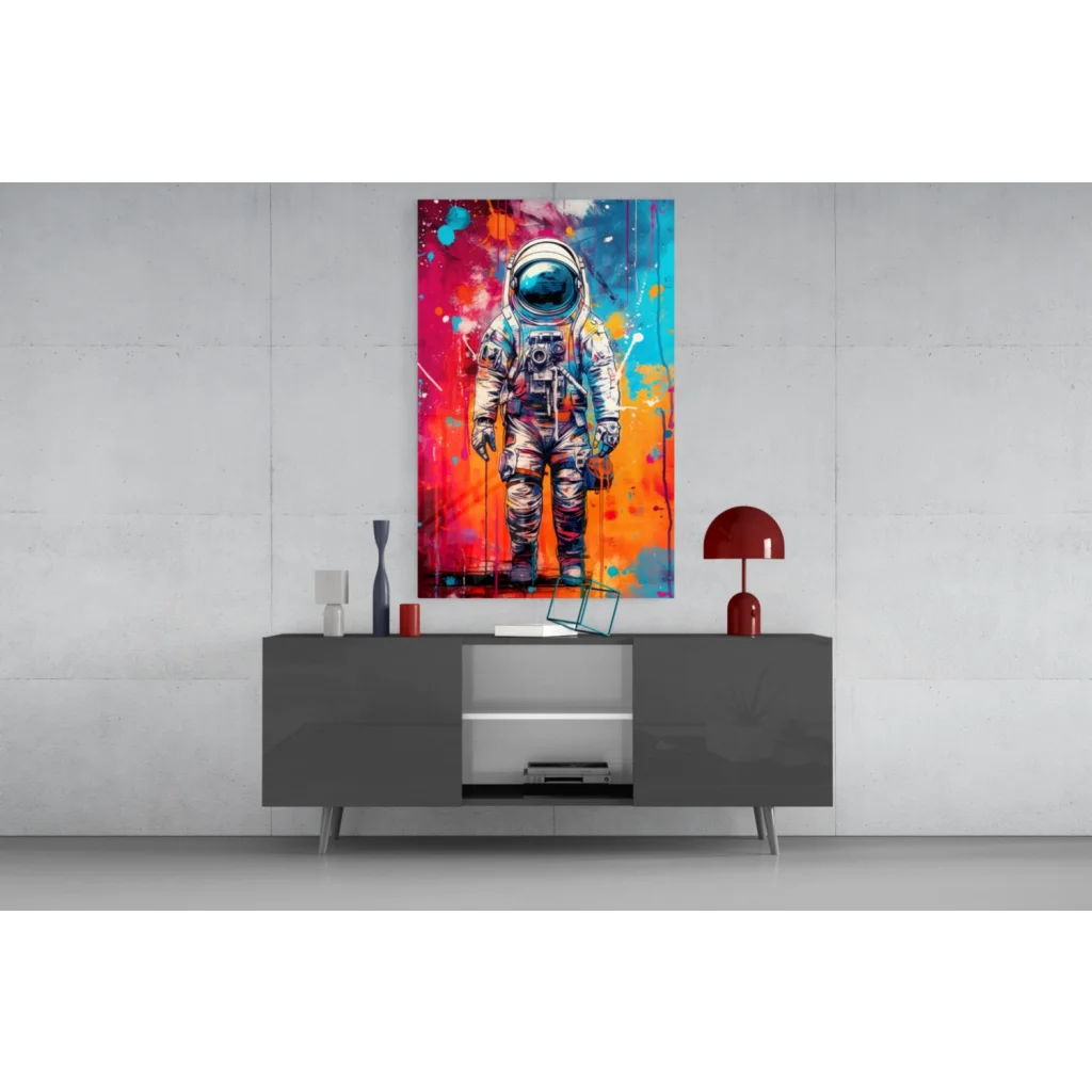 Vibrant cosmic astronaut wall art canvas print with bold red orange blue splashes